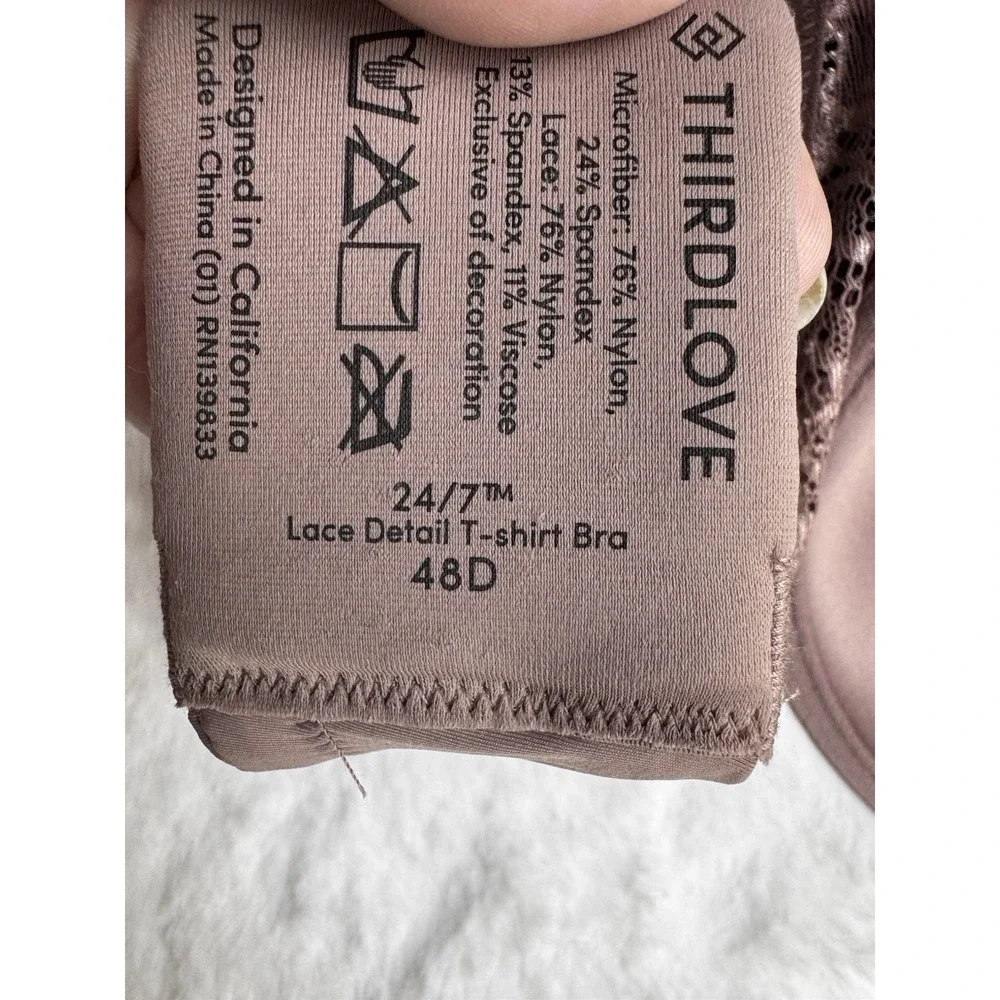 New Third Love 24/7 Lace Detail T-Shirt Bra Smooth‎ Cup Underwire Taupe 48D